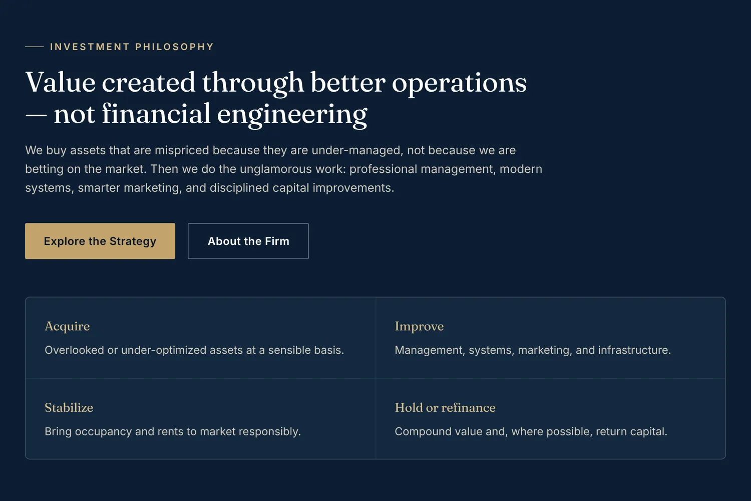Kaizen Properties website section headed “Value created through better operations — not financial engineering”, above a four-part grid: Acquire, Improve, Stabilize, and Hold or refinance.