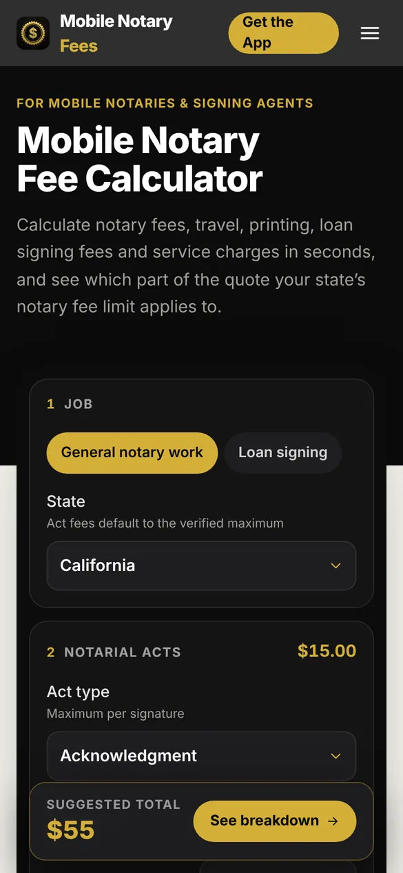 Mobile Notary Fee Calculator website on a phone: the headline and the first steps of the fee calculator.