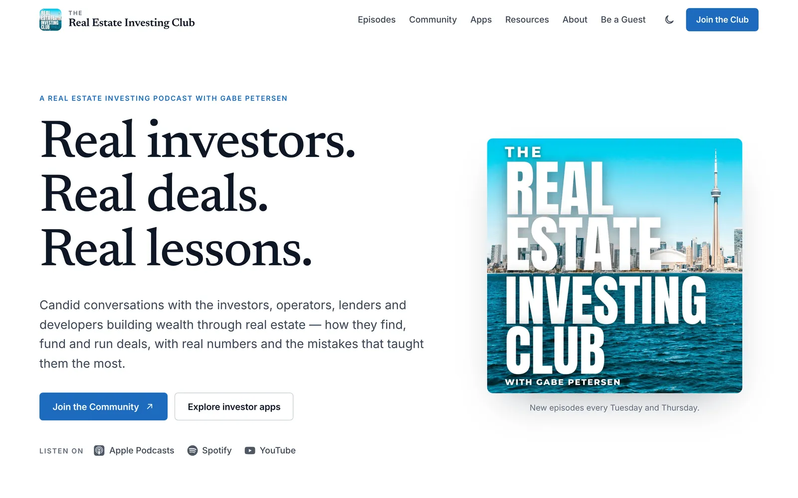 The Real Estate Investing Club home page: the headline “Real investors. Real deals. Real lessons.”, listening links and the podcast’s cover art.